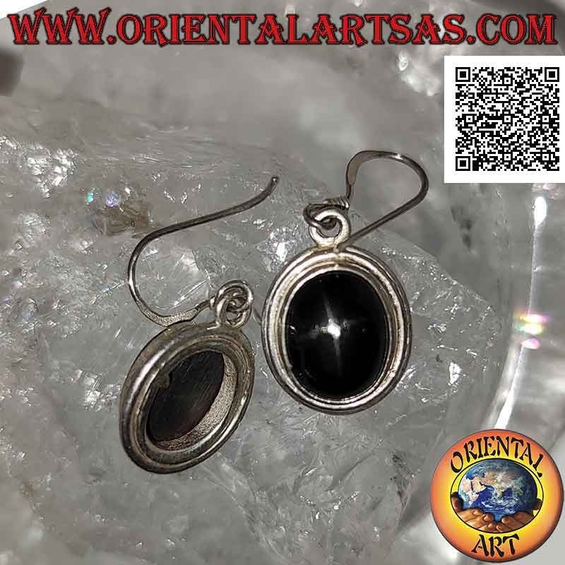 Orecchini in argento con Black Star ovale cabochon (diopside stellato) e doppio bordo liscio sporgente