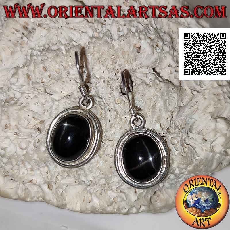 Silberne Ohrringe mit Cabochon-Oval Black Star (Sterndiopsid) und doppelter glatter hervorstehender Kante
