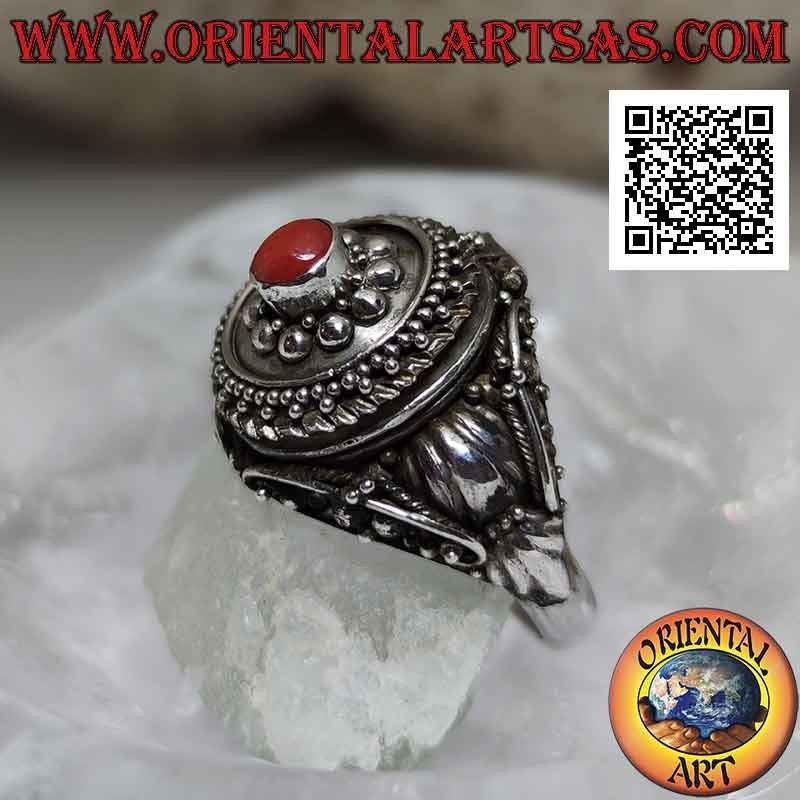 Anillo veneno de plata con coral redondo