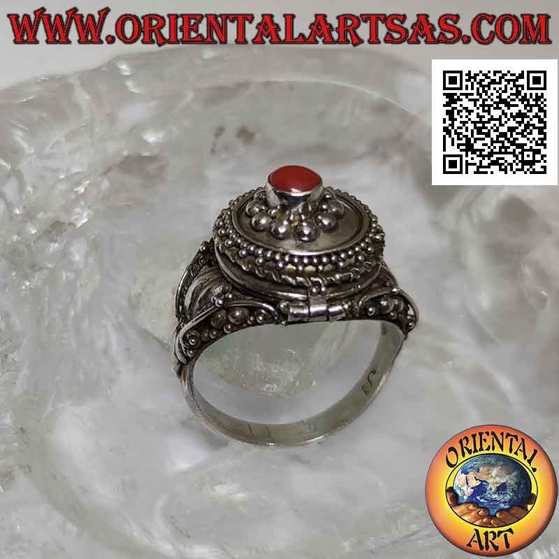 Silver poison ring with round coral