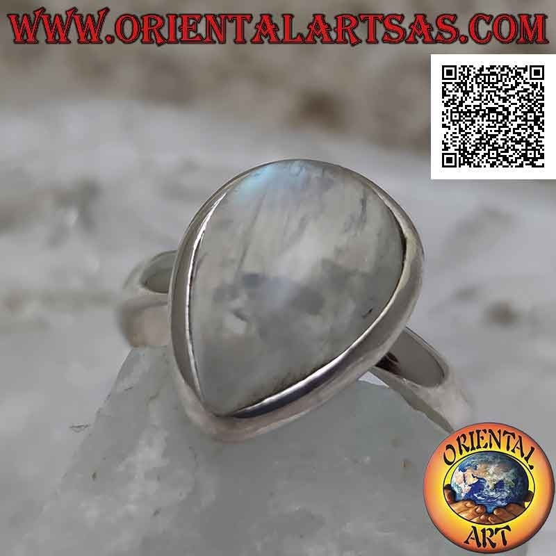 Silver ring with cabochon drop rainbow moonstone on a simple and smooth setting
