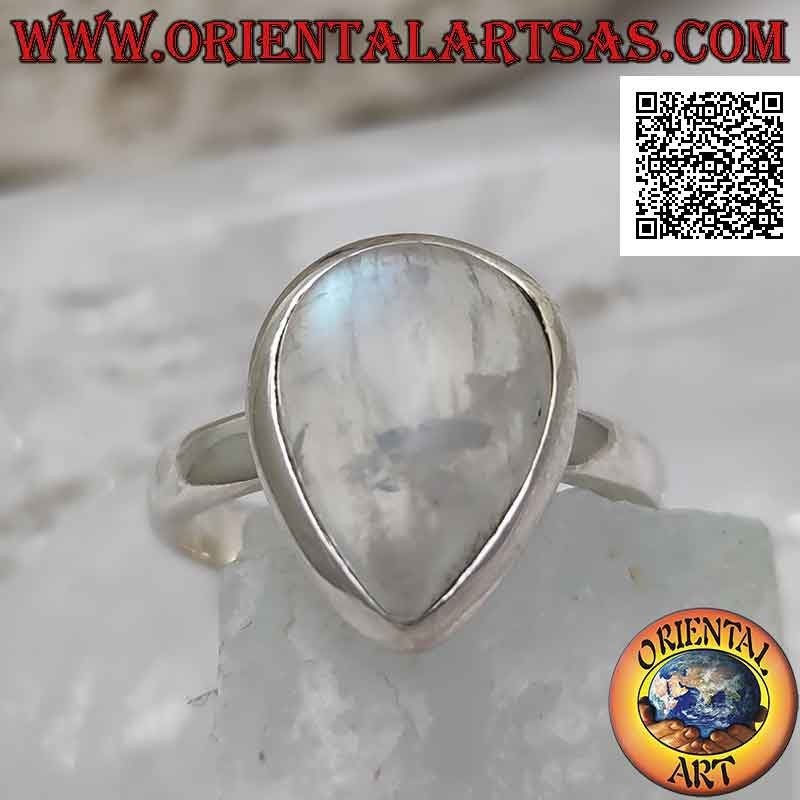 Silberring mit Cabochon Drop Regenbogen Mondstein auf einer einfachen und glatten Einstellung