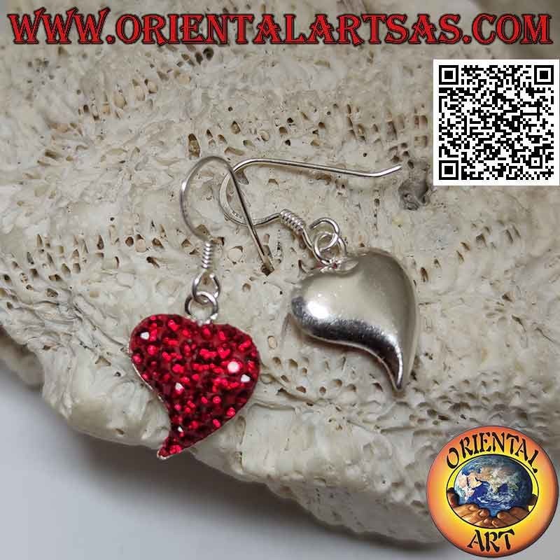 Pendientes de plata, corazón con punta alargada tachonado de micro-diamantes de imitación rojos