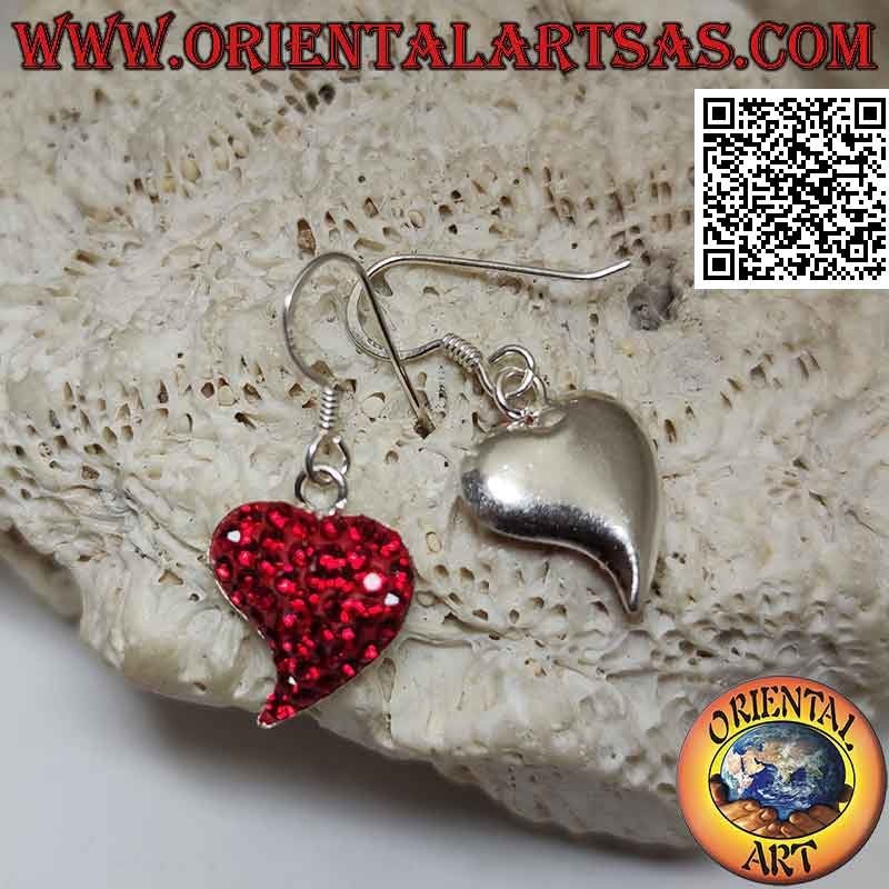 Silver earrings, heart with elongated tip studded with red micro-rhinestones
