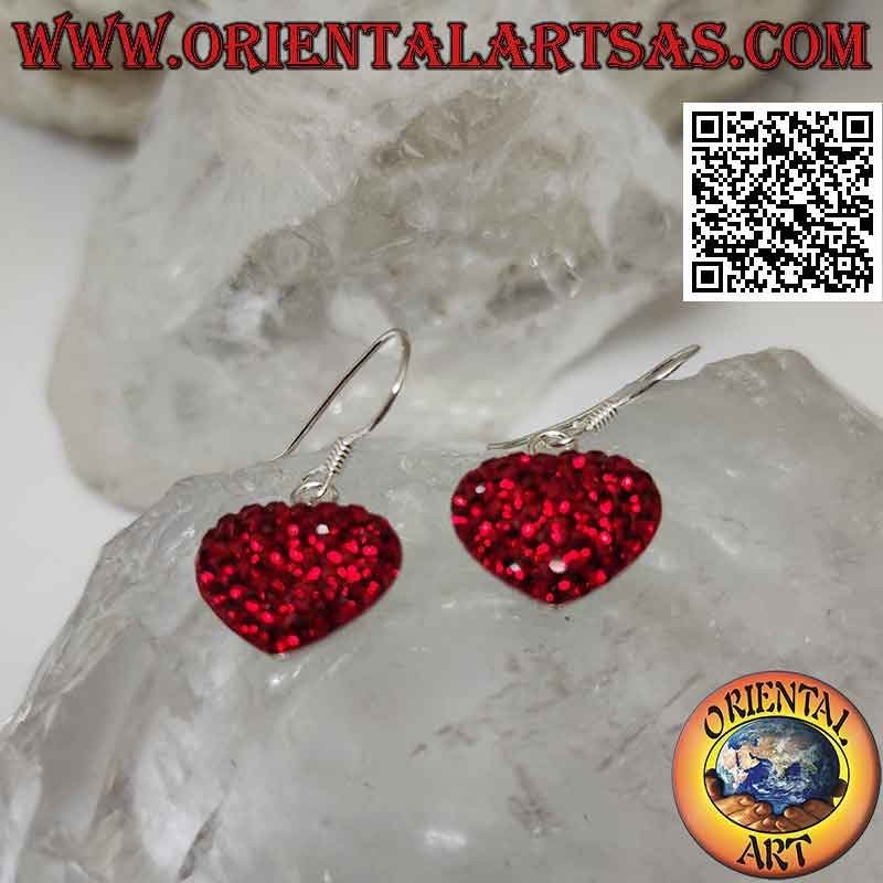 Orecchini in argento, cuore dell'amore tempestato di micro-strass rossi