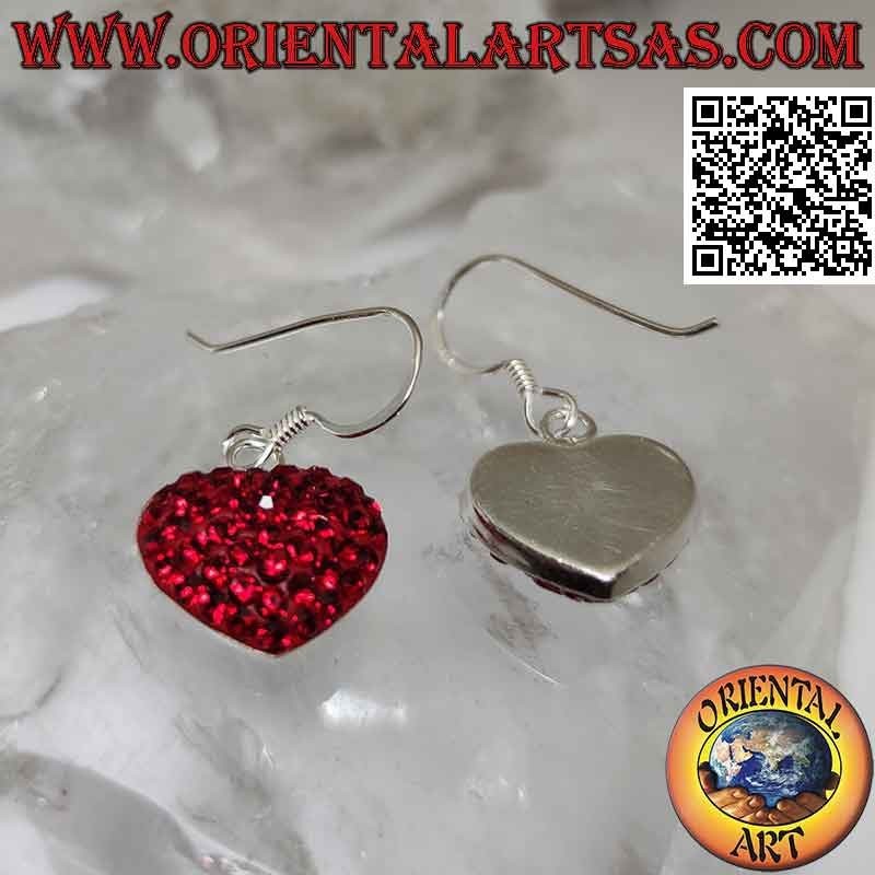 Orecchini in argento, cuore dell'amore tempestato di micro-strass rossi