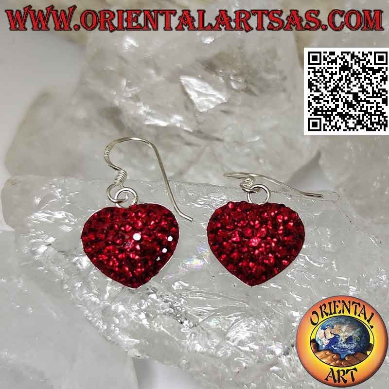 Silver earrings, heart of love studded with red micro-rhinestones