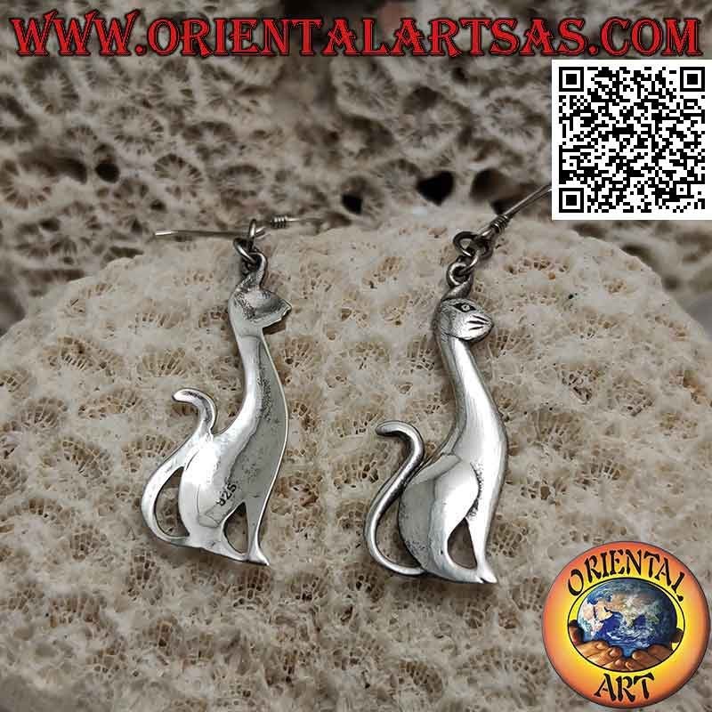 Boucles d'oreilles en argent avec chat lisse assis de profil et pendentif