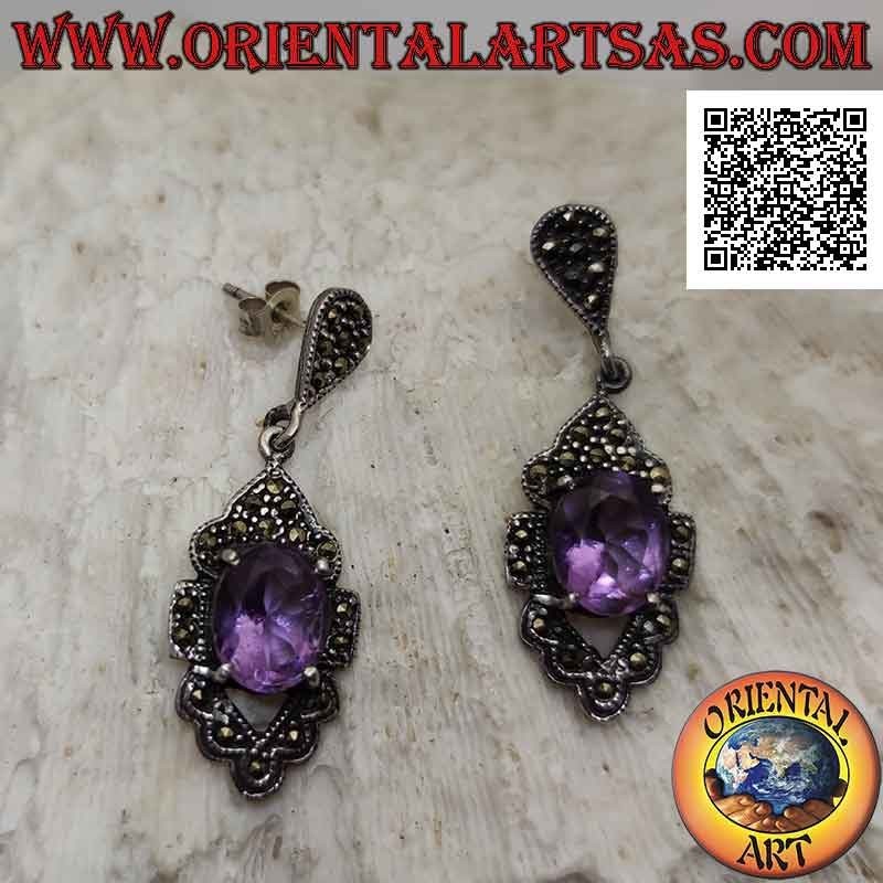 Silver earrings with natural oval amethyst on perforated rhomboid setting studded with marcasite