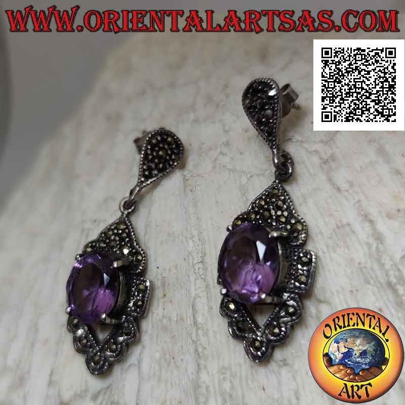 Silberohrringe mit natürlichem ovalem Amethyst auf perforiertem Rhomboid, besetzt mit Markasit