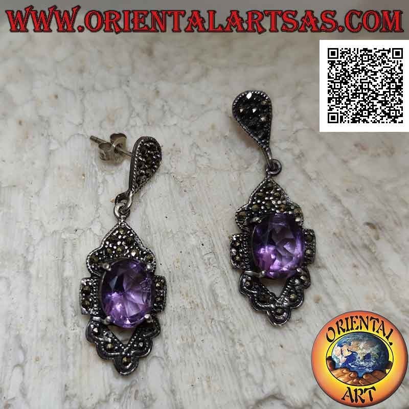Silver earrings with natural oval amethyst on perforated rhomboid setting studded with marcasite