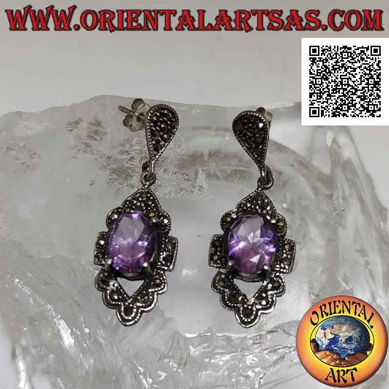 Boucles d'oreilles en argent avec améthyste ovale naturelle sur serti losange perforé serti de marcassite