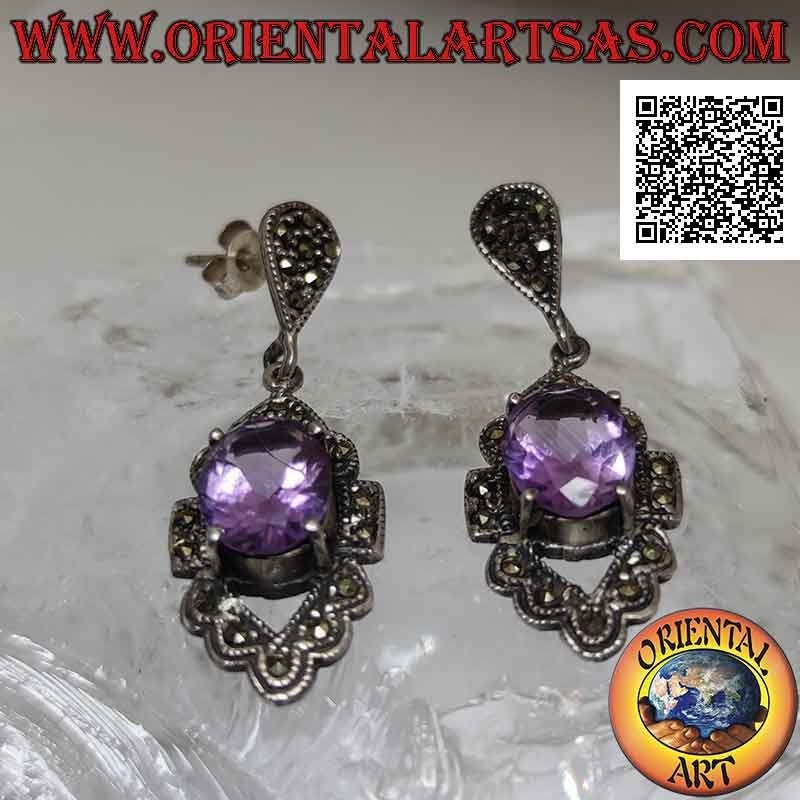 Silberohrringe mit natürlichem ovalem Amethyst auf perforiertem Rhomboid, besetzt mit Markasit