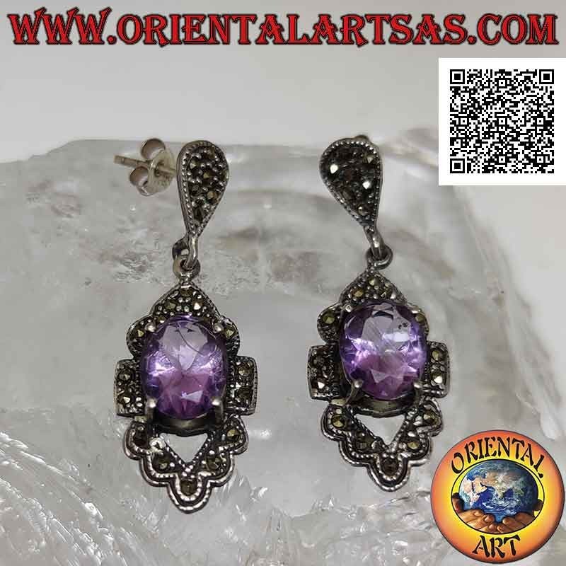 Silberohrringe mit natürlichem ovalem Amethyst auf perforiertem Rhomboid, besetzt mit Markasit