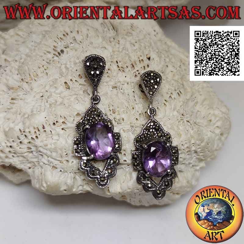 Silberohrringe mit natürlichem ovalem Amethyst auf perforiertem Rhomboid, besetzt mit Markasit