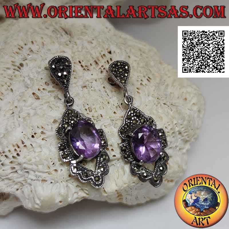 Boucles d'oreilles en argent avec améthyste ovale naturelle sur serti losange perforé serti de marcassite