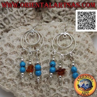Boucles d'oreilles en argent cercles concentriques avec pendentifs de perles turquoise et argent et fragments d'ambre