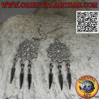 Silver leverback earrings with decorated mandala flower and hanging feathers
