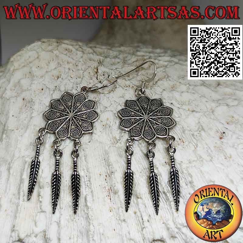 Silver leverback earrings with decorated mandala flower and hanging feathers