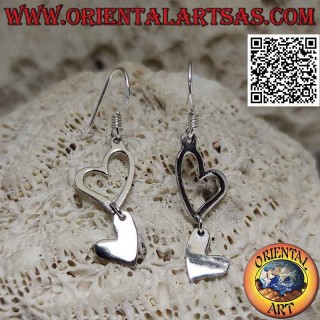 Silver leverback earrings with two complementary hanging hearts