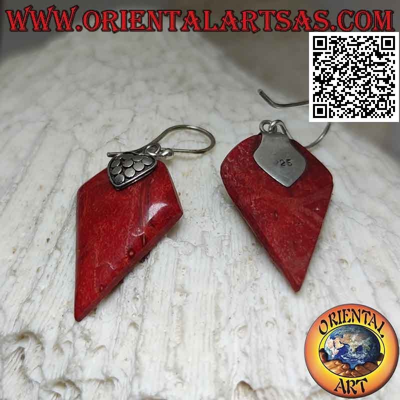 Hook silver earrings with red coral (coral) with deltoid kite and decorated hook