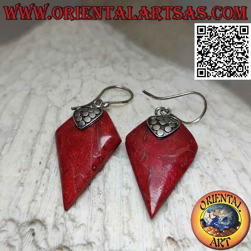 Hook silver earrings with red coral (coral) with deltoid kite and decorated hook