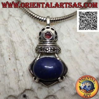 Ciondolo in argento a corona imperiale con lapislazzulo ovale grande incastonato e marcassite e granato