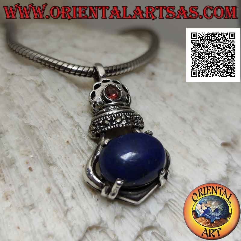 Ciondolo in argento a corona imperiale con lapislazzulo ovale grande incastonato e marcassite e granato