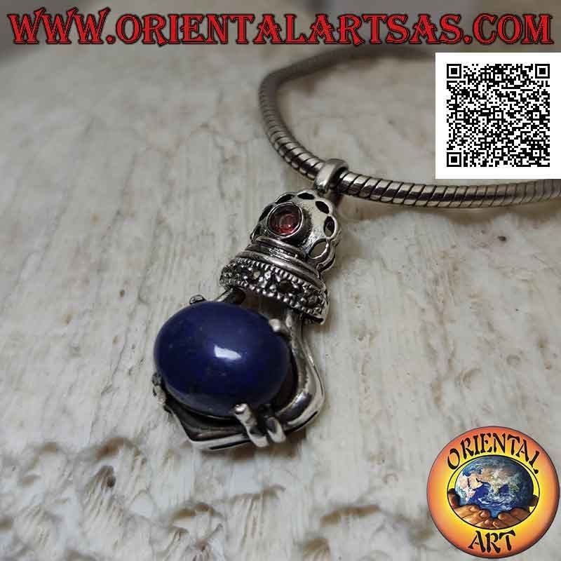Imperial crown silver pendant with large oval lapis lazuli set and marcasite and garnet
