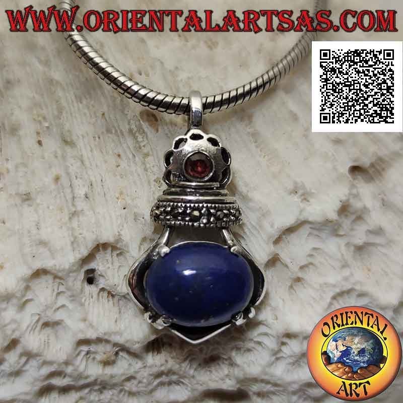 Colgante de plata corona imperial con gran conjunto de lapislázuli ovalado y marcasita y granate