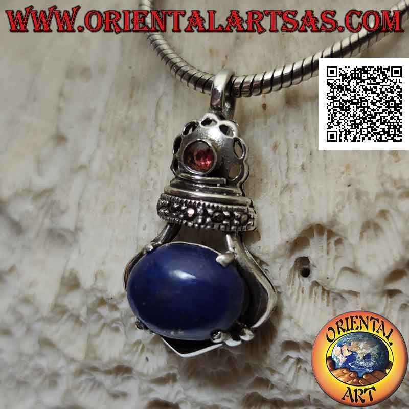 Imperial crown silver pendant with large oval lapis lazuli set and marcasite and garnet