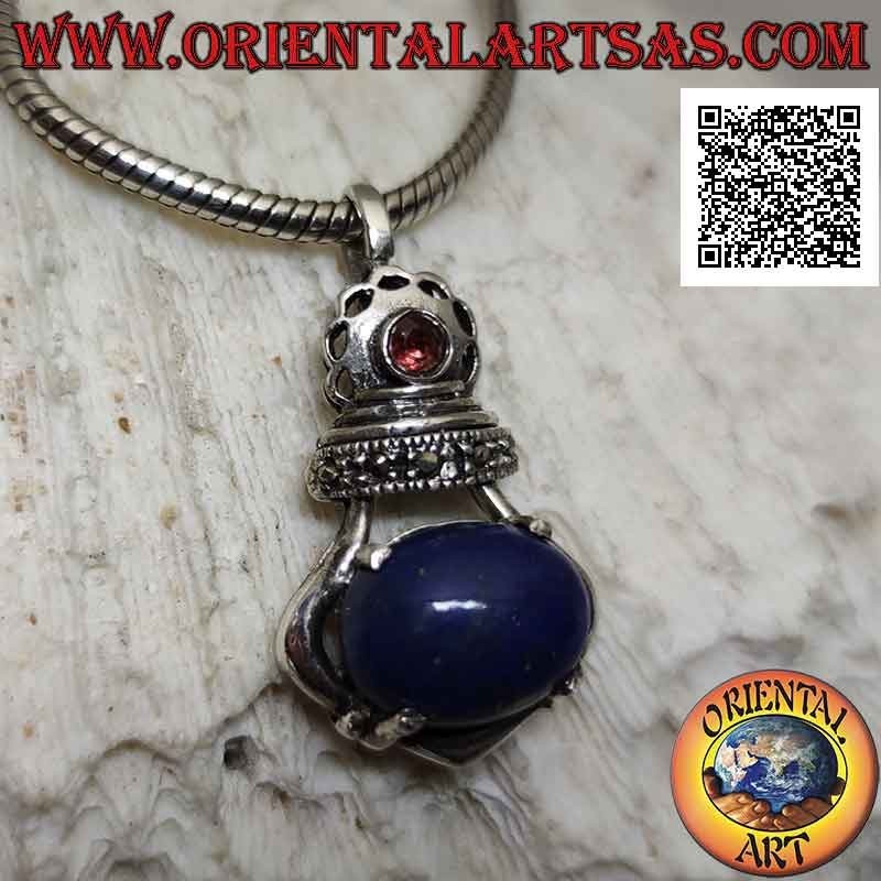 Ciondolo in argento a corona imperiale con lapislazzulo ovale grande incastonato e marcassite e granato