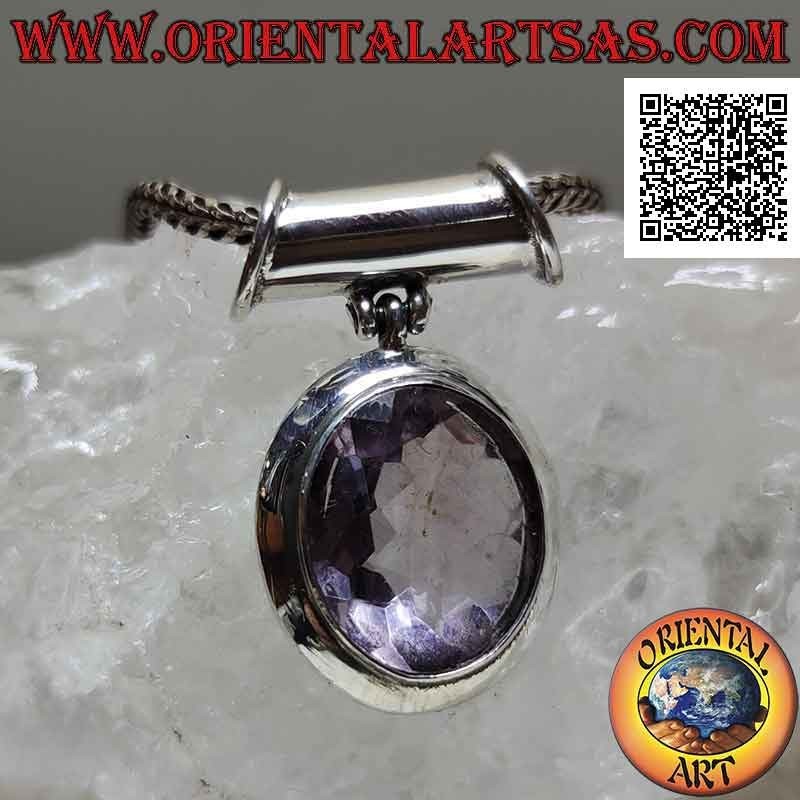 Silver pendant with large natural oval faceted amethyst on smooth frame and movable tubular hook
