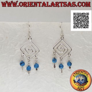 Boucles d'oreilles en argent spirale rhomboïde avec pendentifs perles turquoise et argent