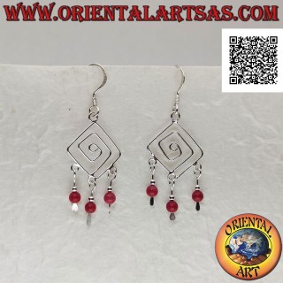 Rhomboid spiral silver earrings with coral and silver beads pendants