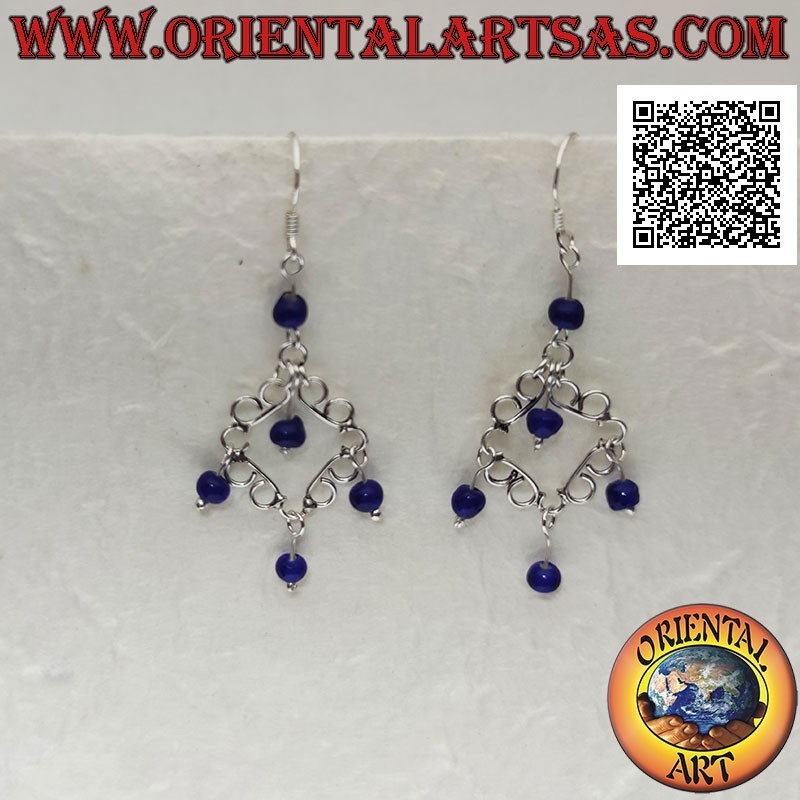 Boucles d'oreilles en argent, losange de lignes courbes en argent lisse avec pendentifs perles lapis lazuli