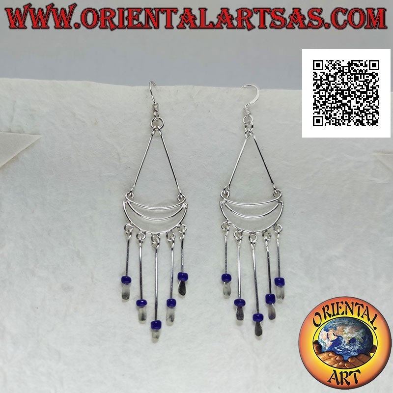 Silver earrings with attached arches with a row of hanging lapis lazuli balls