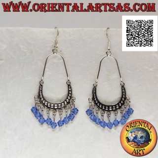 Silver earrings with studded bow with dangling balls of blue crystals