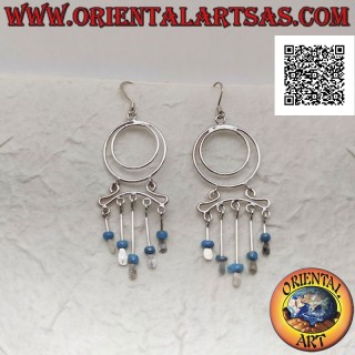 Silver earrings, pair of concentric circles and headband with dangling turquoise beads
