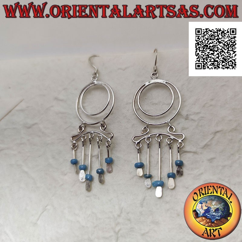 Silver earrings, pair of concentric circles and headband with dangling turquoise beads