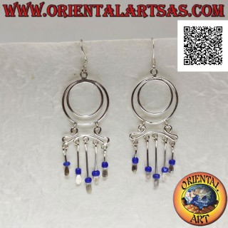Silver earrings, pair of concentric circles and headband with lapis lazuli beads