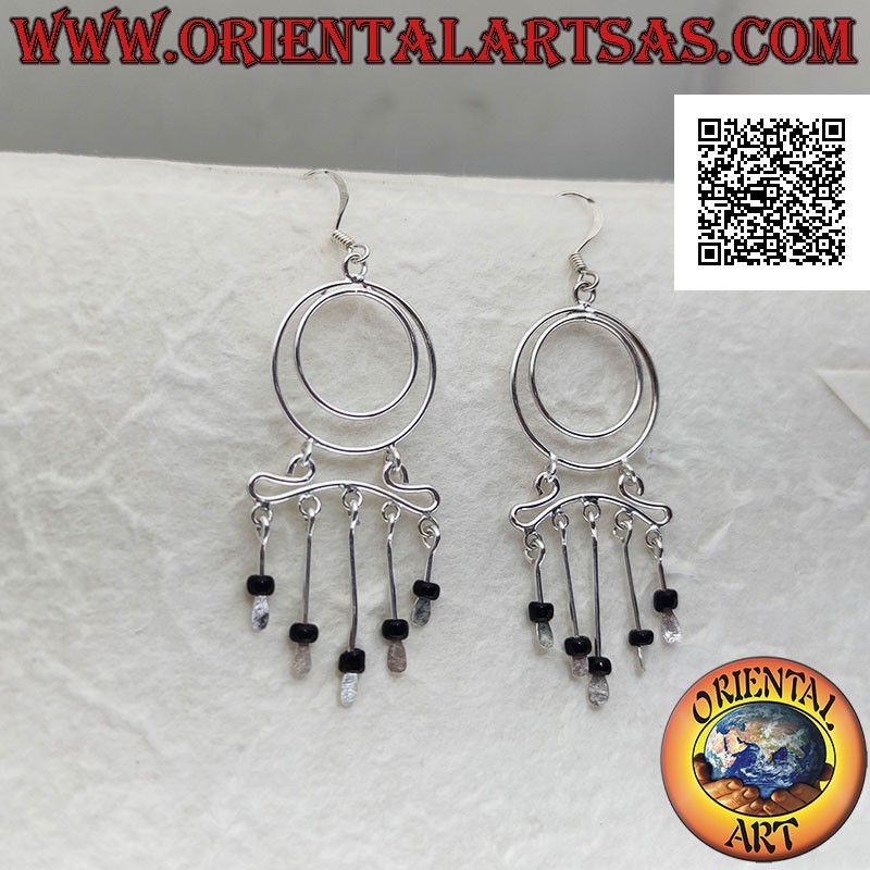 Boucles d'oreilles en argent, paire de cercles concentriques et serre-tête avec perles d'onyx suspendues