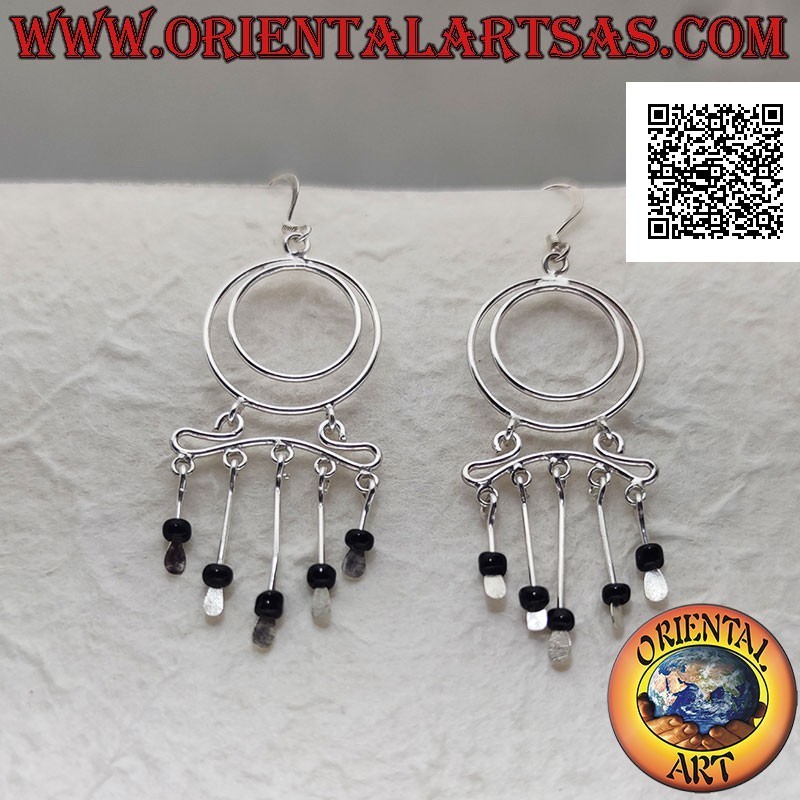 Boucles d'oreilles en argent, paire de cercles concentriques et serre-tête avec perles d'onyx suspendues