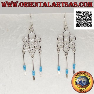 Boucles d'oreilles rondes triple S en argent avec perles turquoises et fils pendentif en argent