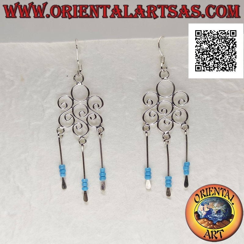Pendientes redondos triple S de plata con cuentas de turquesa e hilos de colgante de plata