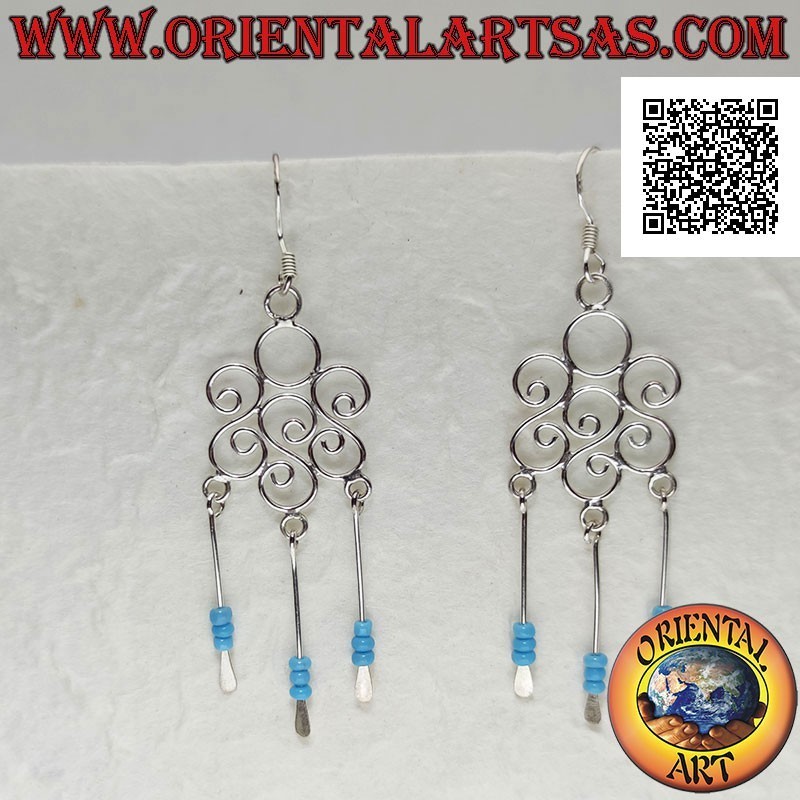Round triple S silver earrings with turquoise beads and silver pendant threads