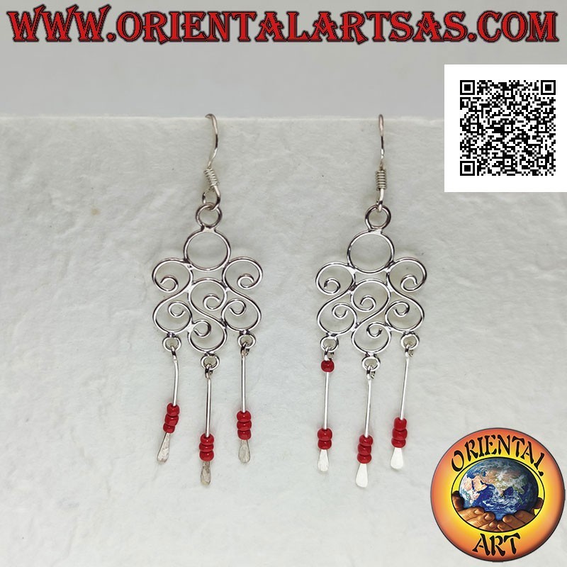 Pendientes redondos triple S de plata con cuentas de coral e hilos de colgante de plata