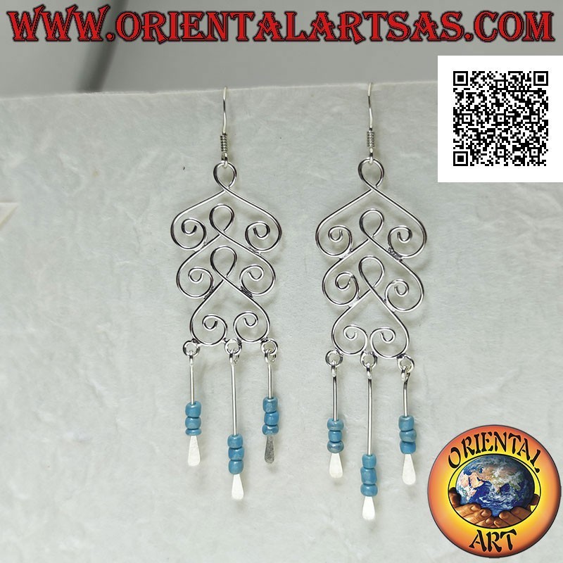 Silver earrings, trio of rounded spades with pendant turquoise beads