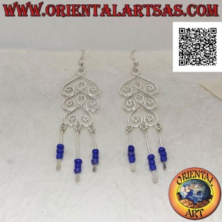 Silver earrings, trio of rounded spades with pendant lapis lazuli beads