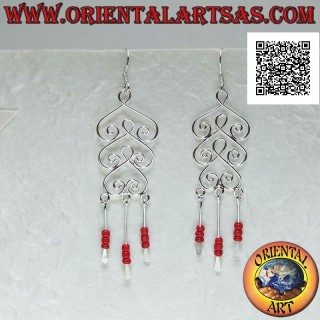 Boucles d'oreilles en argent, trio de piques arrondis avec pendentif perles de corail